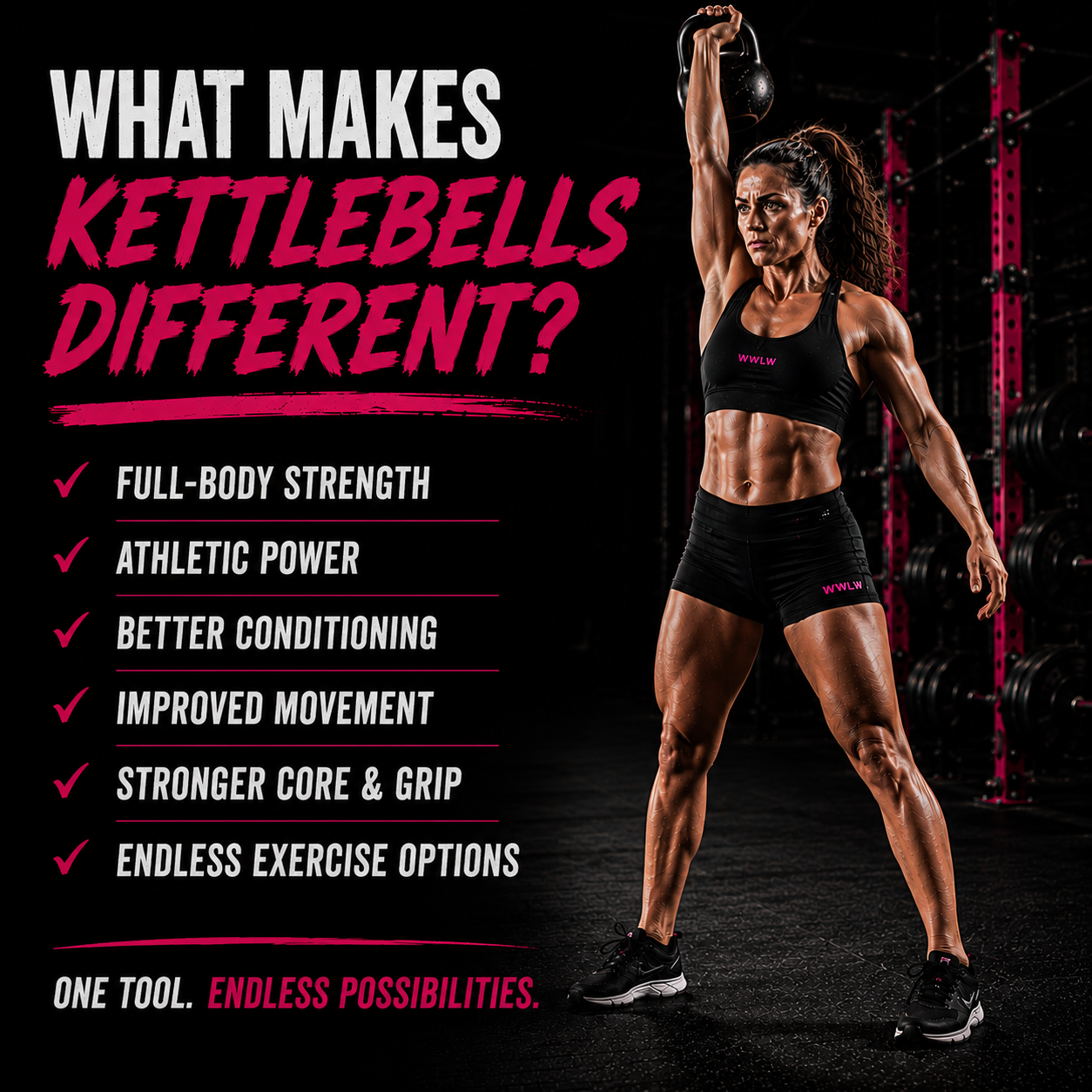 What makes kettlebells different? Full-body strength, athletic power, better conditioning, improved movement, stronger core and grip, endless exercise options.