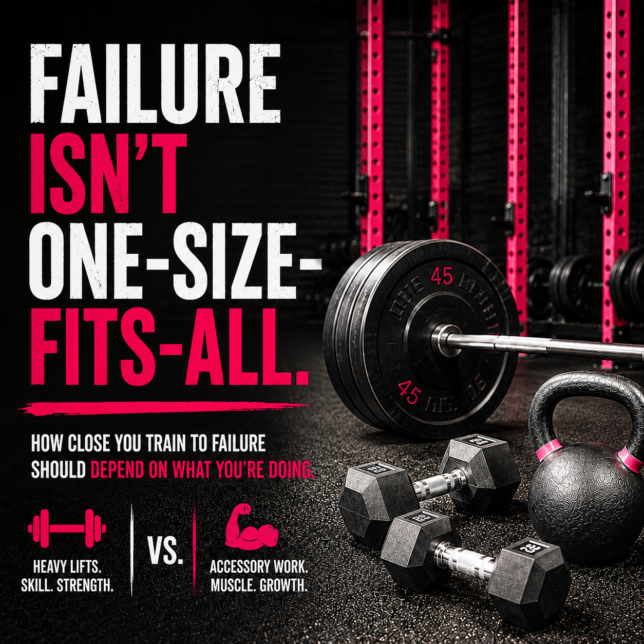Barbell plates and kettlebells on a gym floor, representing heavy compound lifts versus accessory work