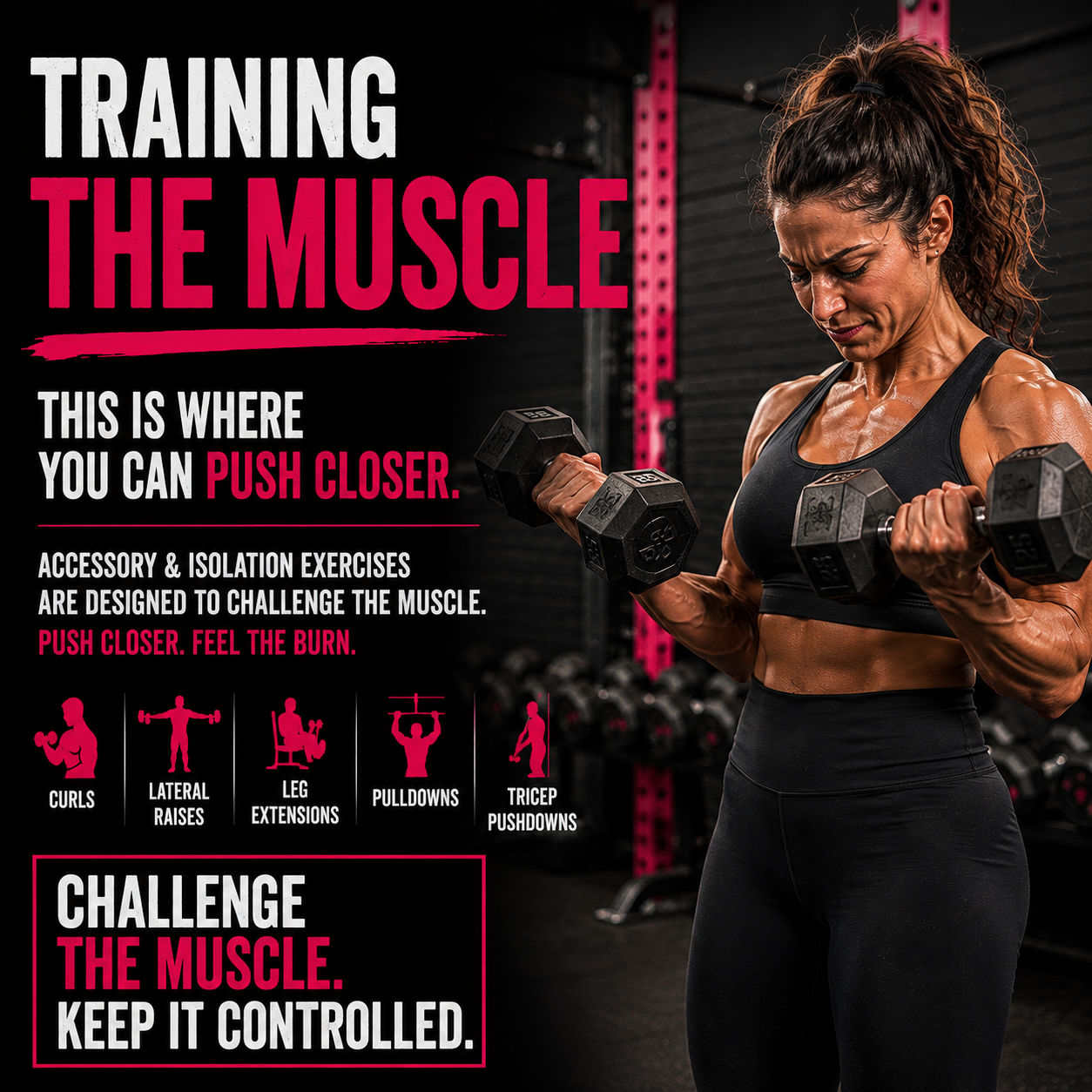 Woman performing dumbbell bicep curls with visible muscle engagement, demonstrating a challenging isolation exercise
