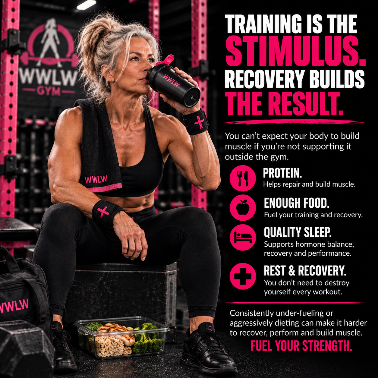 Training is the stimulus. Recovery builds the result. Protein, enough food, quality sleep, rest and recovery.